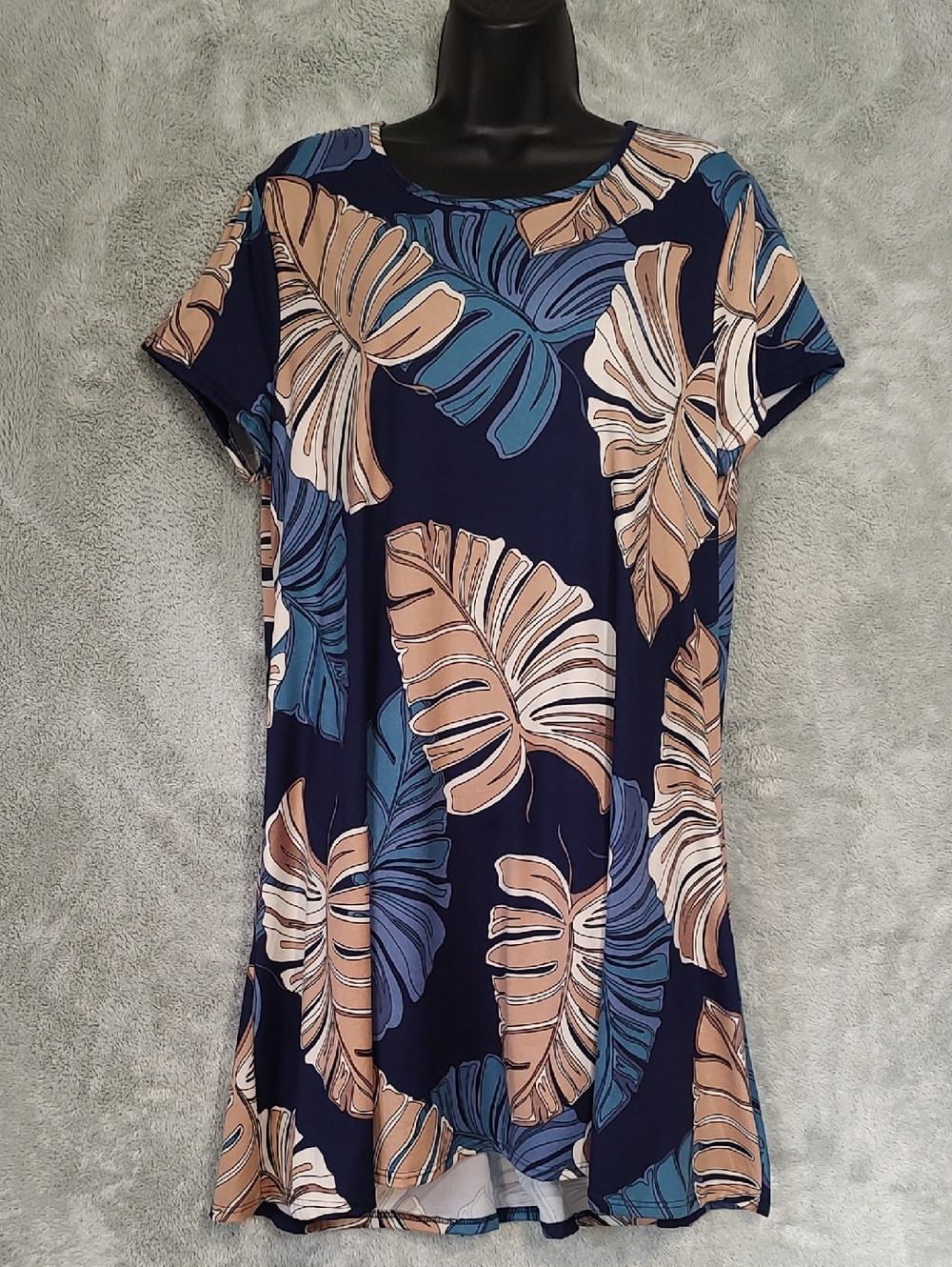 Navy Blue Tropical Print Midi Dress